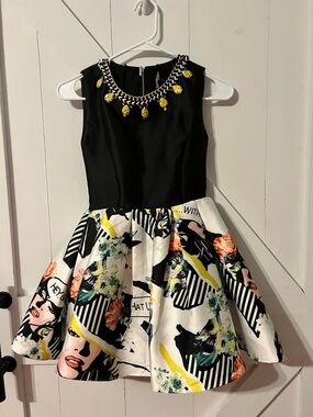 Girls Black & Multicolor Floral Skater Dress with Embellished Neckline